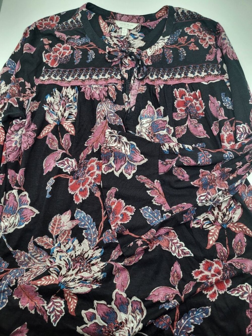 Lucky Brand Women's SZ LG Boho Festival Floral Print Blouse Bell Sleeve